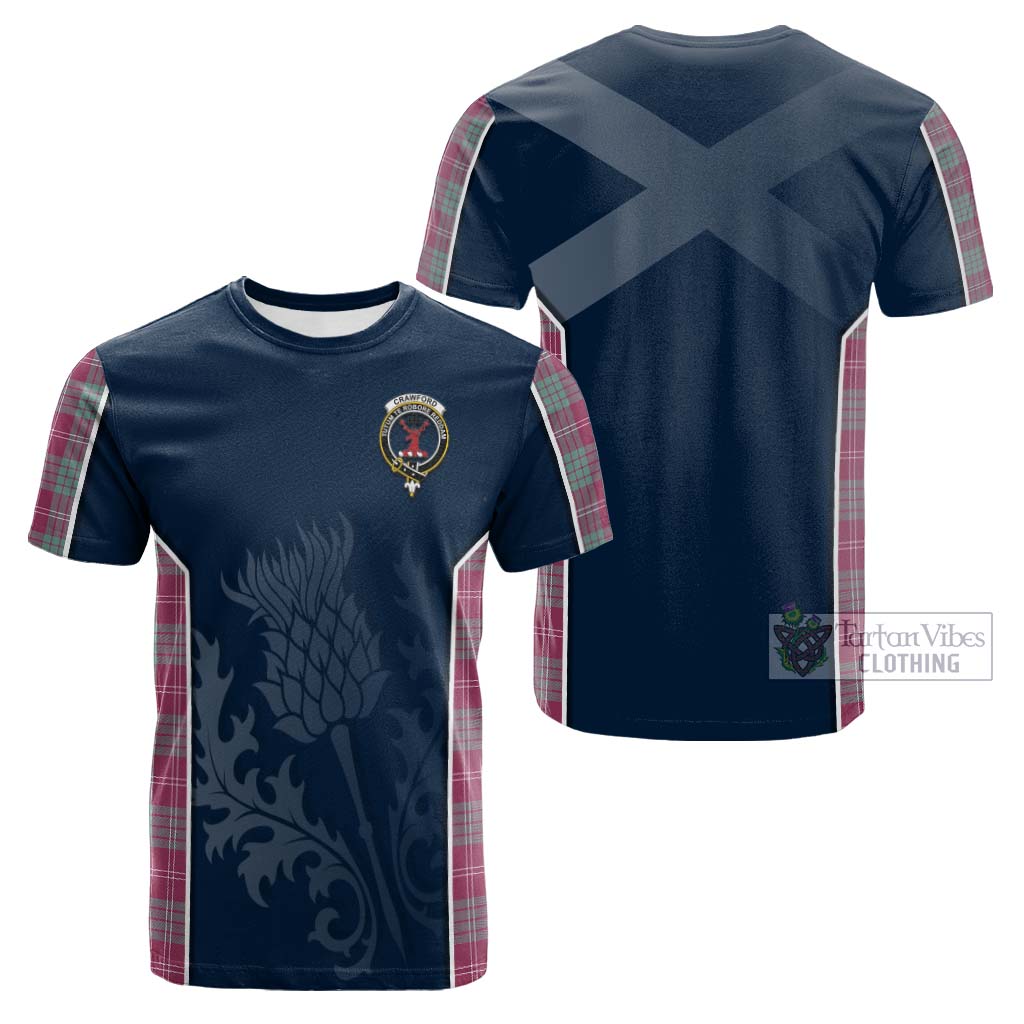 Tartan Vibes Clothing Crawford Ancient Tartan Cotton T-shirt with Family Crest and Scottish Thistle Vibes Sport Style