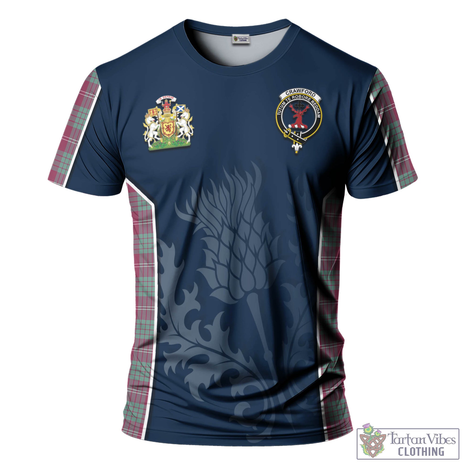 Tartan Vibes Clothing Crawford Ancient Tartan T-Shirt with Family Crest and Scottish Thistle Vibes Sport Style