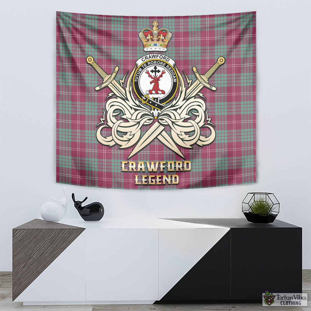 Tartan Vibes Clothing Crawford Ancient Tartan Tapestry with Clan Crest and the Golden Sword of Courageous Legacy