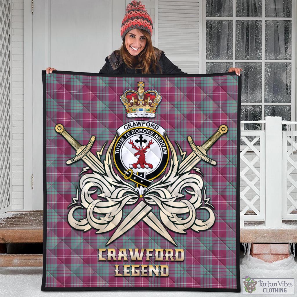 Tartan Vibes Clothing Crawford Ancient Tartan Quilt with Clan Crest and the Golden Sword of Courageous Legacy