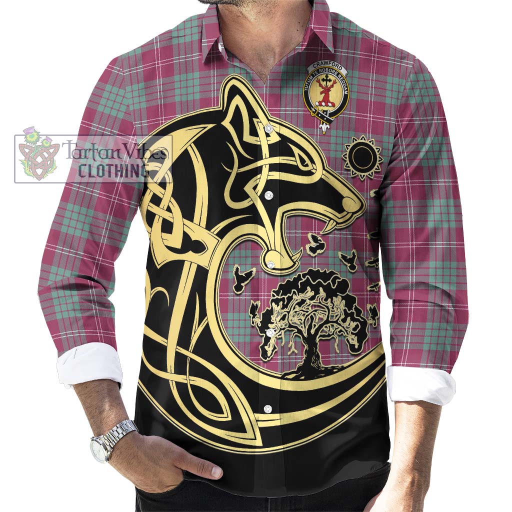 Tartan Vibes Clothing Crawford Ancient Tartan Long Sleeve Button Shirt with Family Crest Celtic Wolf Style