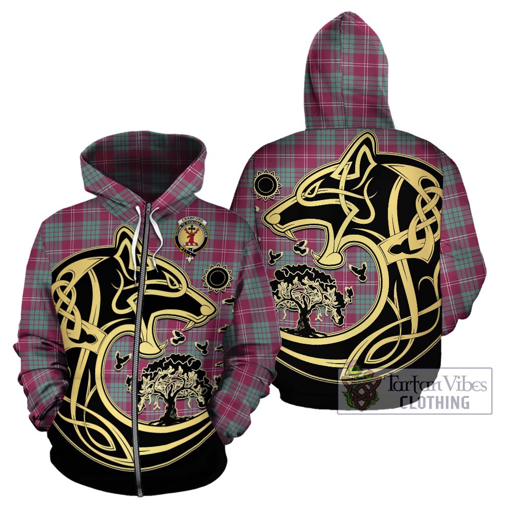 Tartan Vibes Clothing Crawford Ancient Tartan Hoodie with Family Crest Celtic Wolf Style