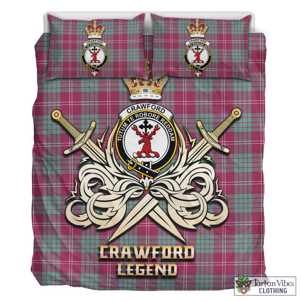 Tartan Vibes Clothing Crawford Ancient Tartan Bedding Set with Clan Crest and the Golden Sword of Courageous Legacy