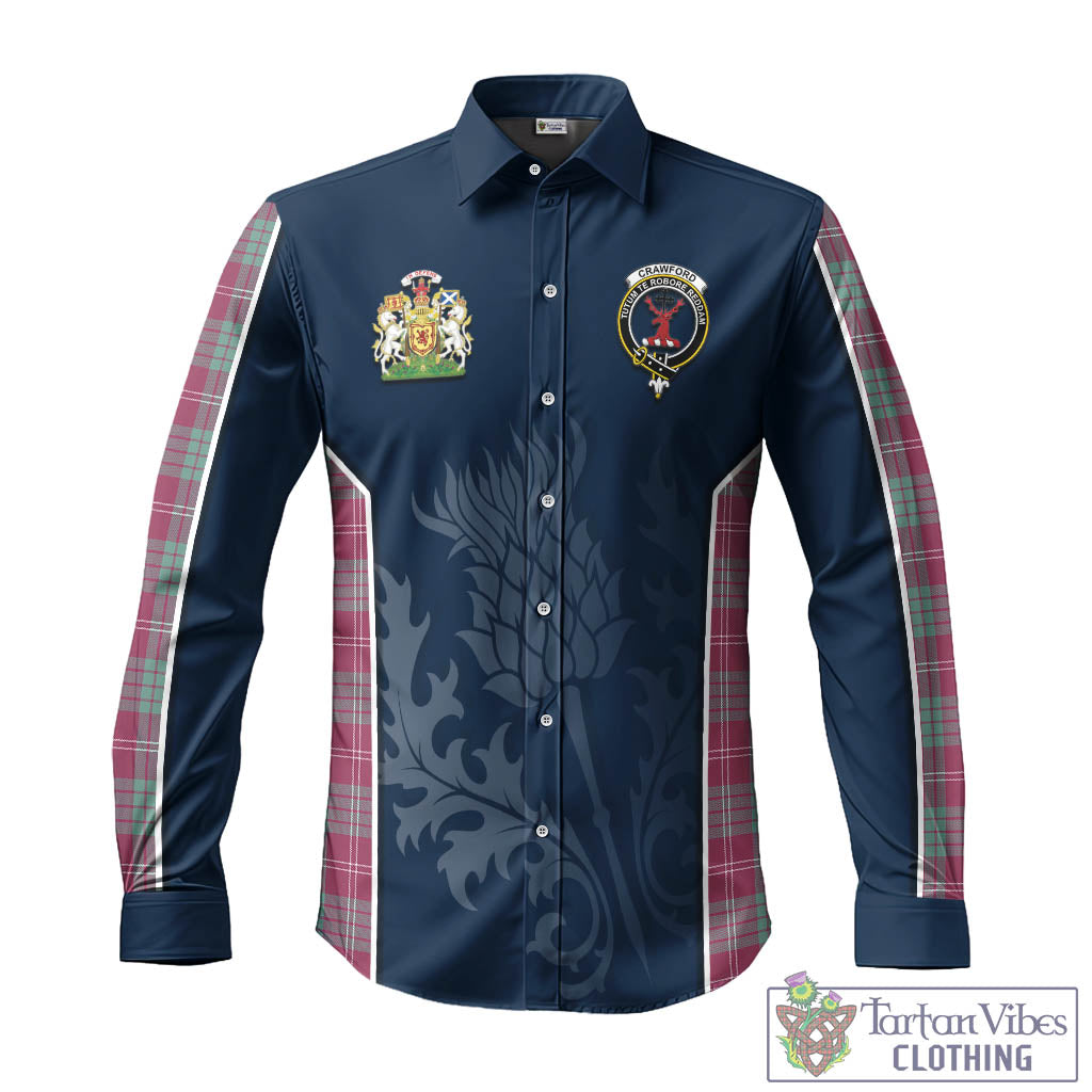 Tartan Vibes Clothing Crawford Ancient Tartan Long Sleeve Button Up Shirt with Family Crest and Scottish Thistle Vibes Sport Style