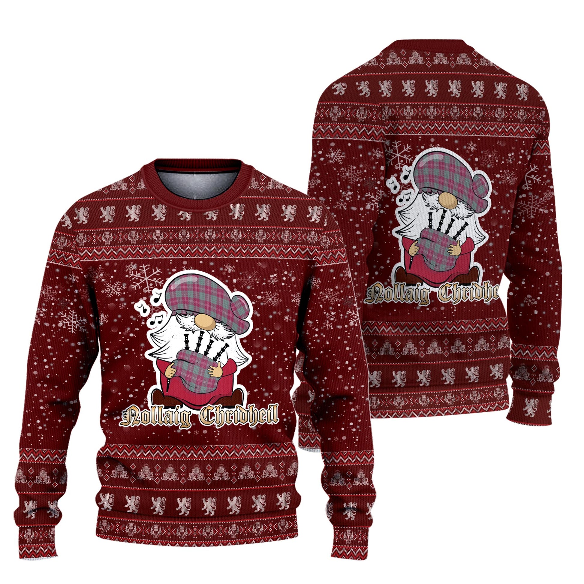 Crawford Ancient Clan Christmas Family Knitted Sweater with Funny Gnome Playing Bagpipes Unisex Red - Tartanvibesclothing