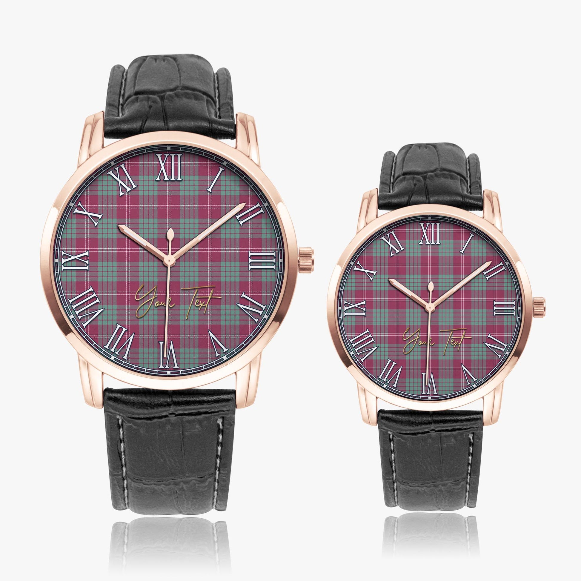 Crawford Ancient Tartan Personalized Your Text Leather Trap Quartz Watch Wide Type Rose Gold Case With Black Leather Strap - Tartanvibesclothing