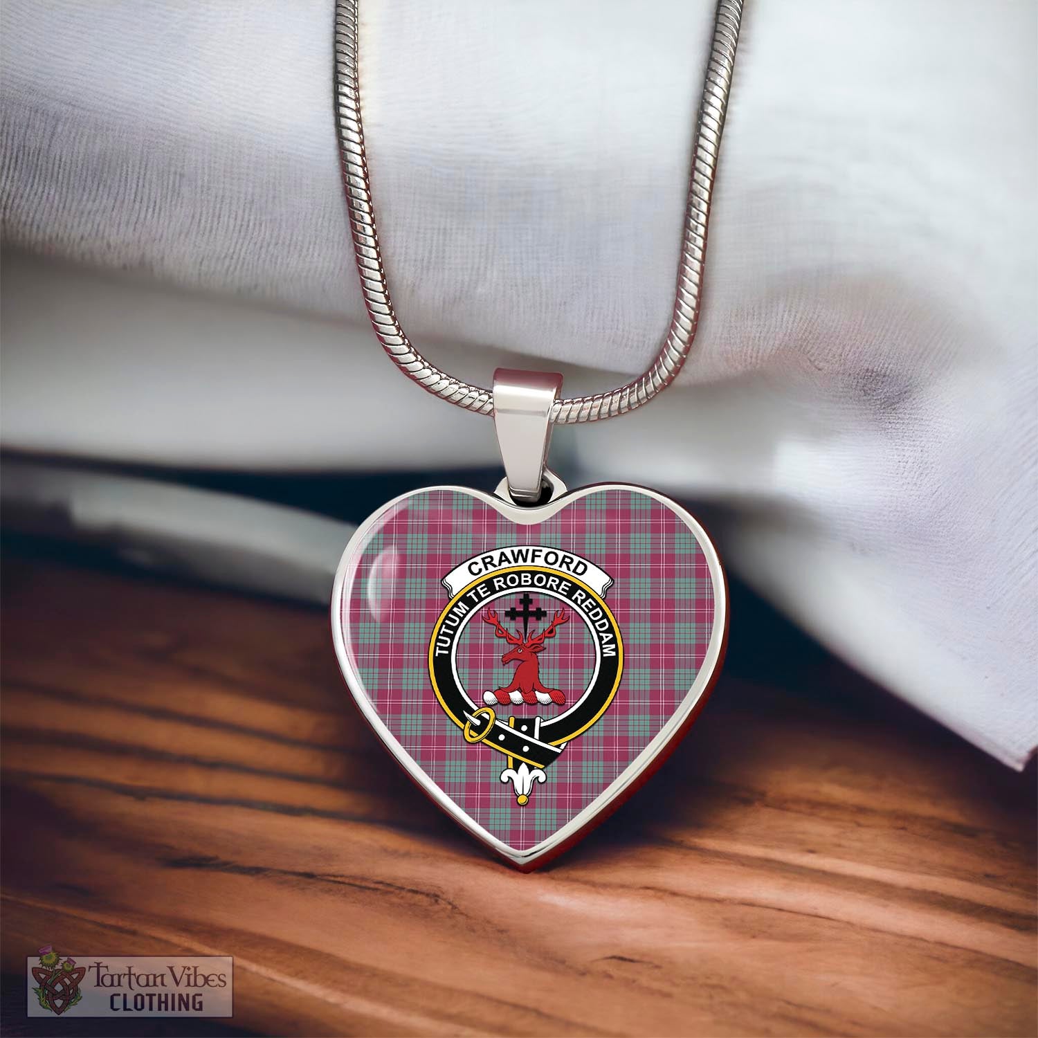 Tartan Vibes Clothing Crawford Ancient Tartan Heart Necklace with Family Crest