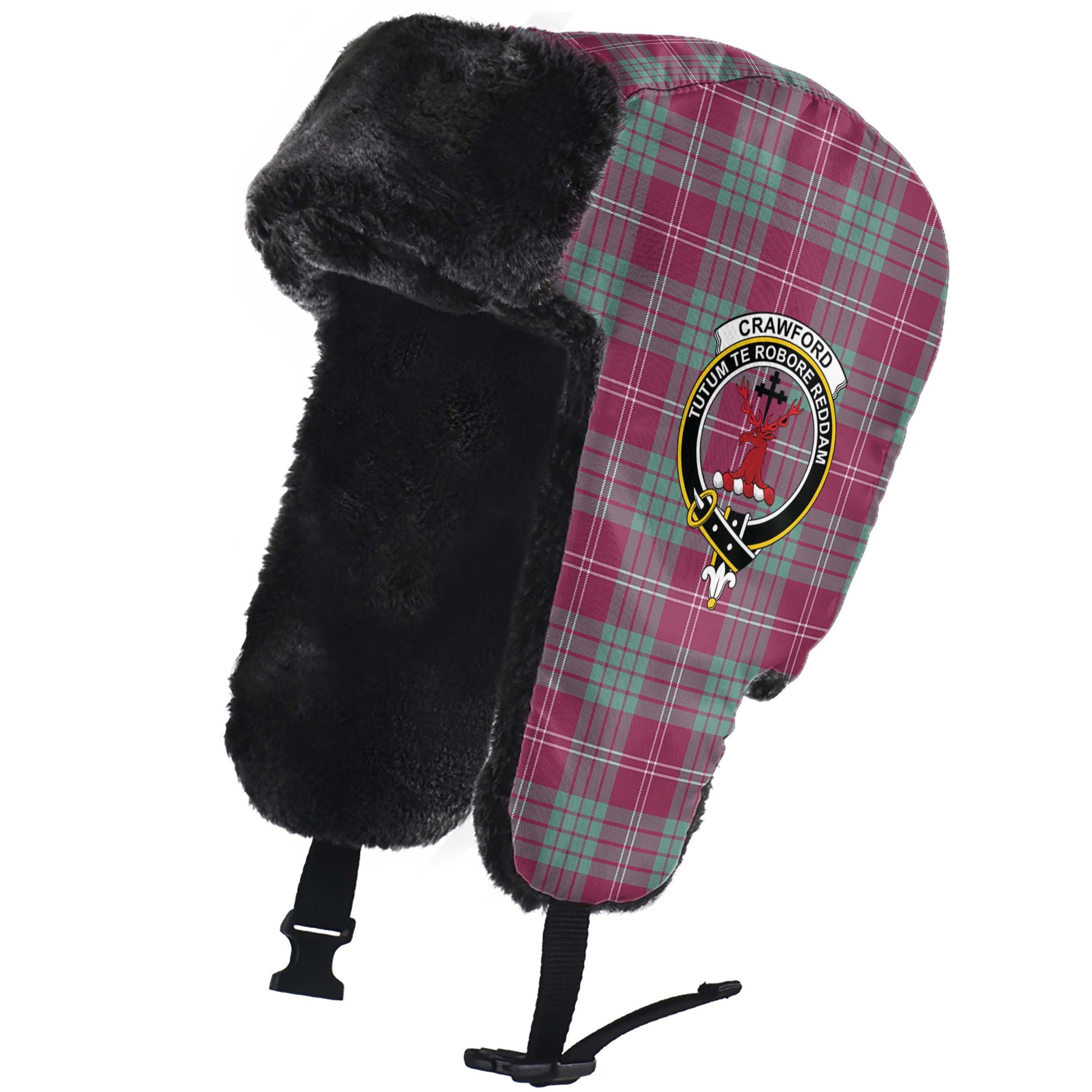 Crawford Ancient Tartan Winter Trapper Hat with Family Crest - Tartanvibesclothing