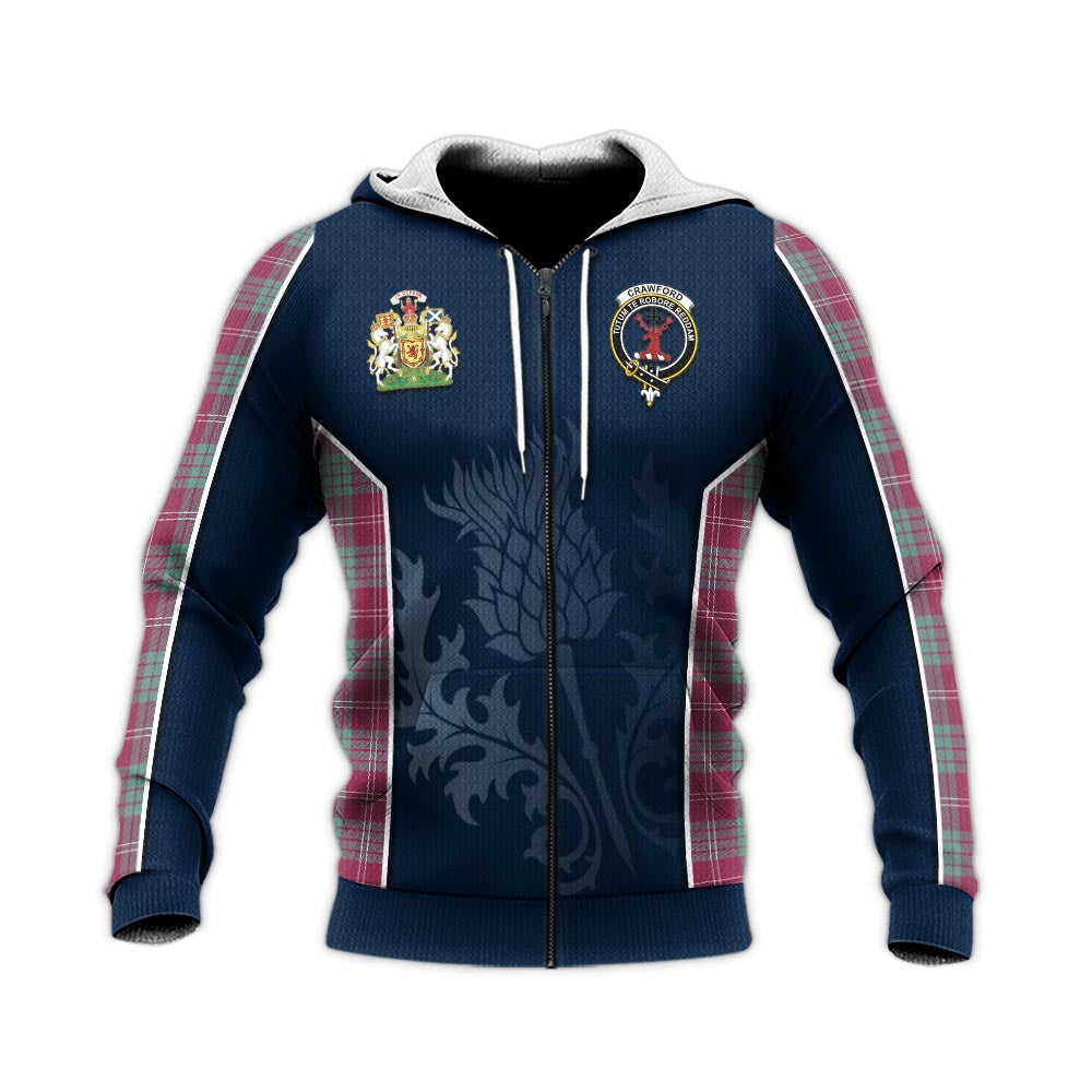 Tartan Vibes Clothing Crawford Ancient Tartan Knitted Hoodie with Family Crest and Scottish Thistle Vibes Sport Style