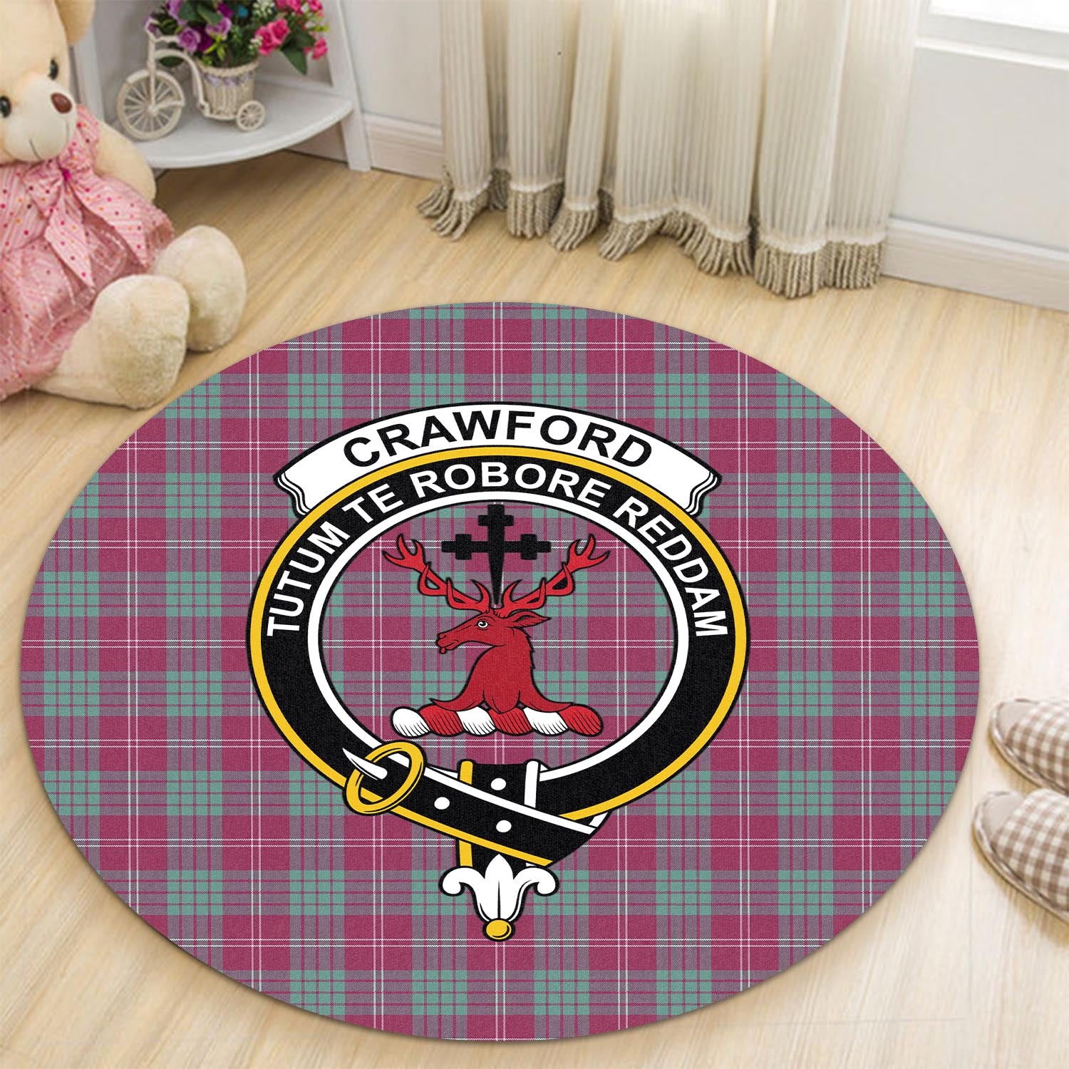 Crawford Ancient Tartan Round Rug with Family Crest - Tartanvibesclothing