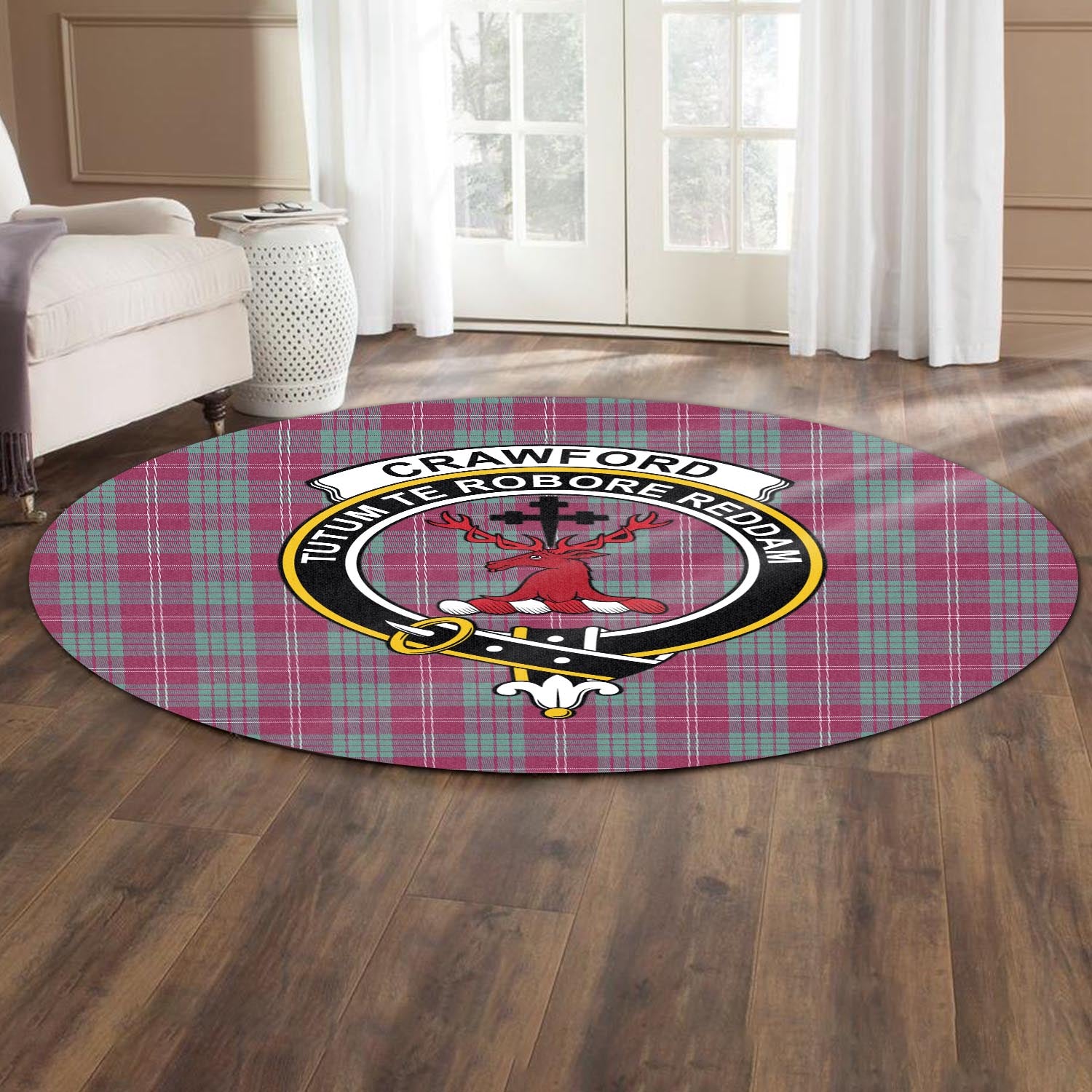 Crawford Ancient Tartan Round Rug with Family Crest - Tartanvibesclothing