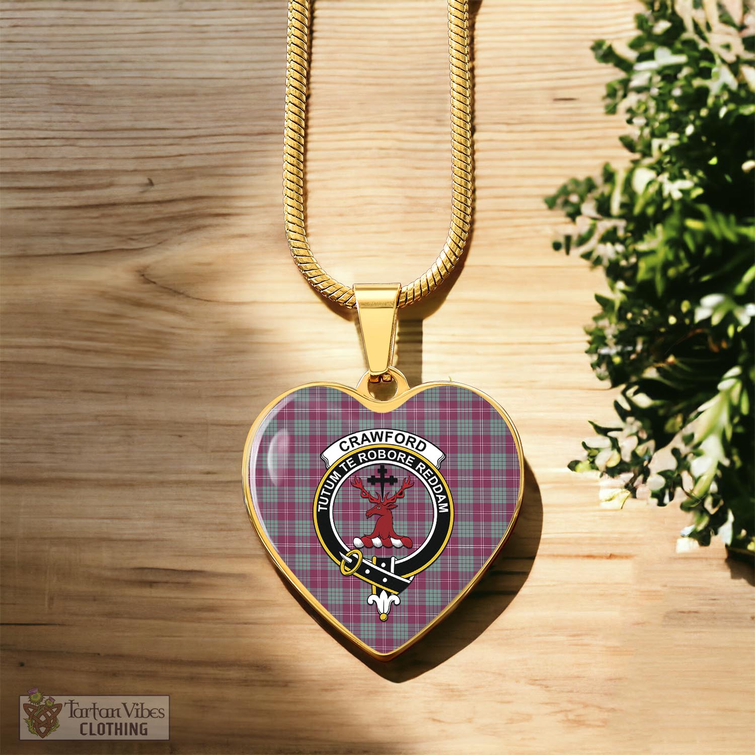 Tartan Vibes Clothing Crawford Ancient Tartan Heart Necklace with Family Crest