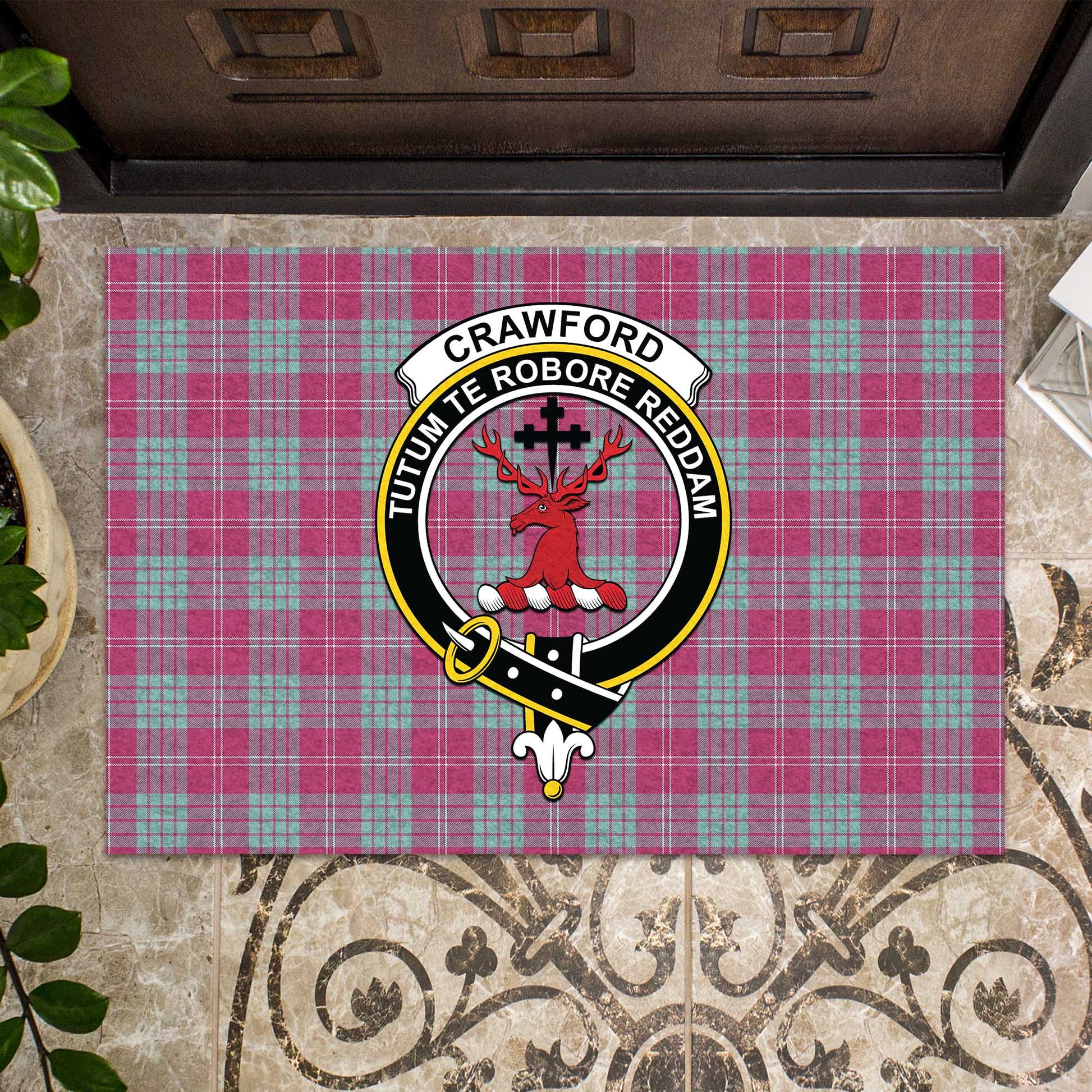 Crawford Ancient Tartan Door Mat with Family Crest - Tartanvibesclothing