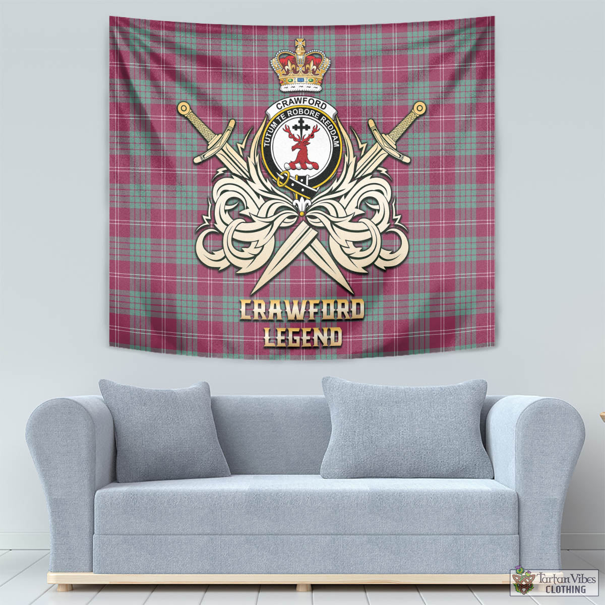 Tartan Vibes Clothing Crawford Ancient Tartan Tapestry with Clan Crest and the Golden Sword of Courageous Legacy