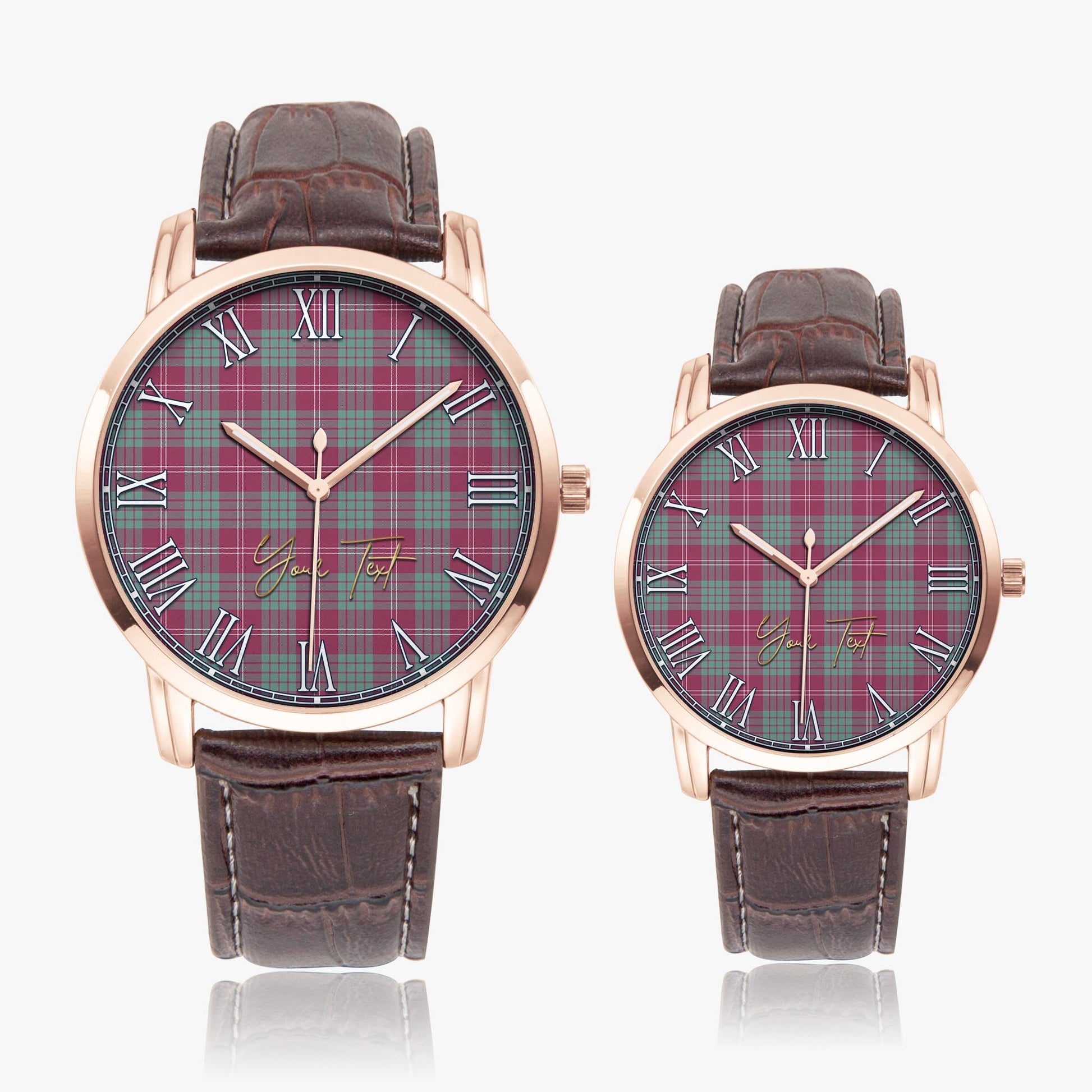 Crawford Ancient Tartan Personalized Your Text Leather Trap Quartz Watch Wide Type Rose Gold Case With Brown Leather Strap - Tartanvibesclothing