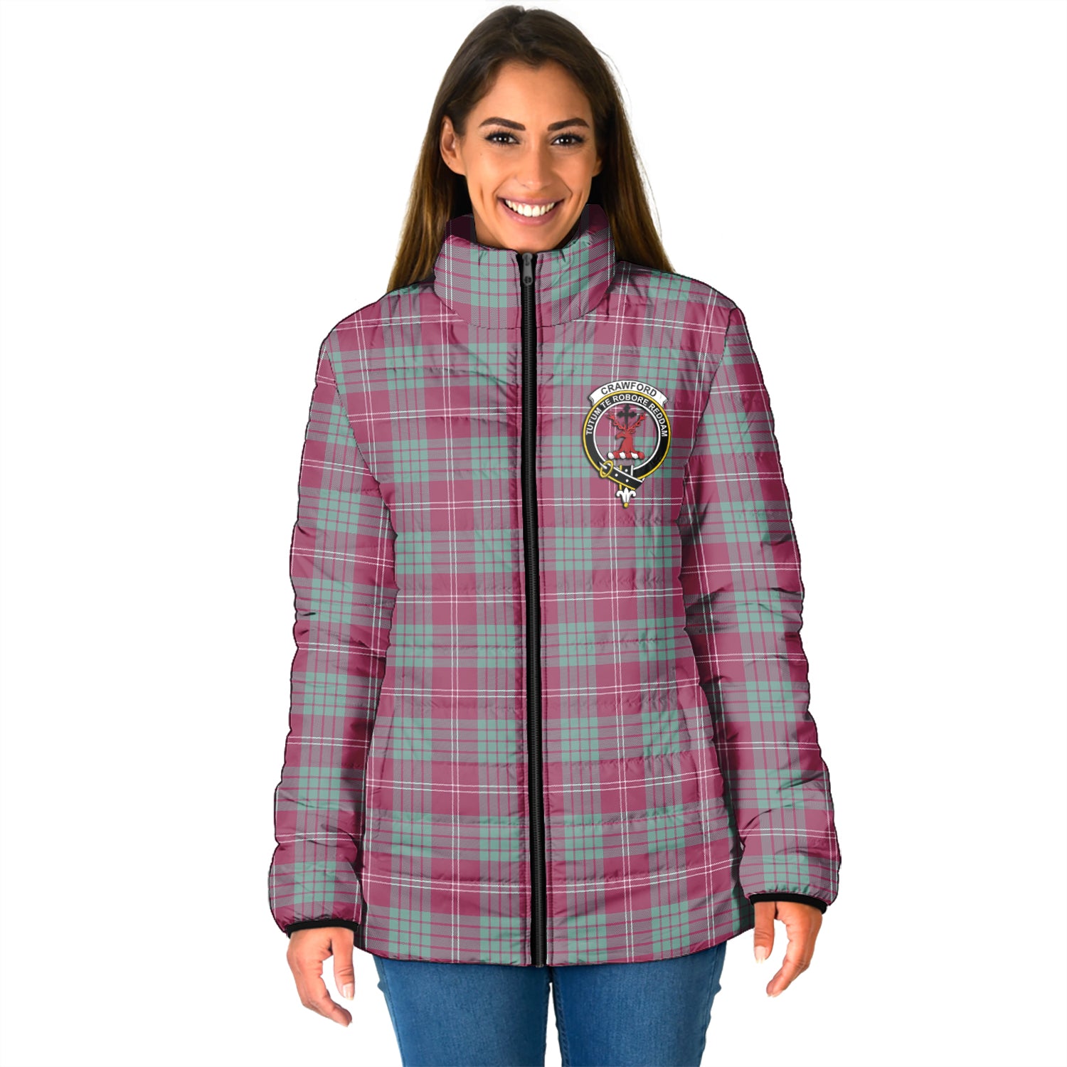 Crawford Ancient Tartan Padded Jacket with Family Crest - Tartanvibesclothing