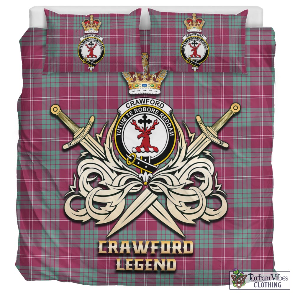 Tartan Vibes Clothing Crawford Ancient Tartan Bedding Set with Clan Crest and the Golden Sword of Courageous Legacy