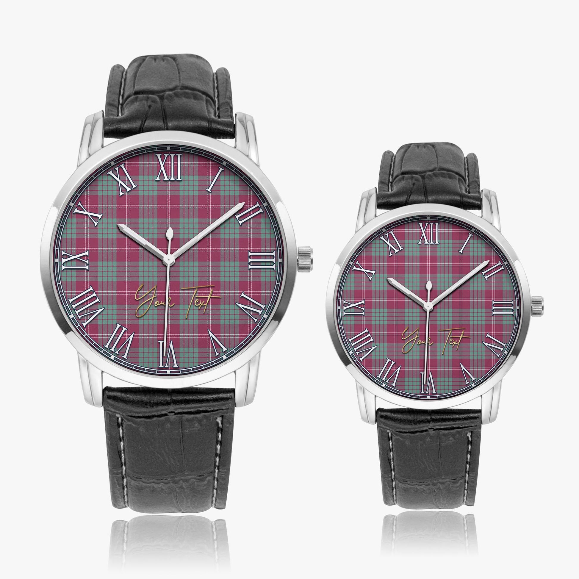 Crawford Ancient Tartan Personalized Your Text Leather Trap Quartz Watch Wide Type Silver Case With Black Leather Strap - Tartanvibesclothing