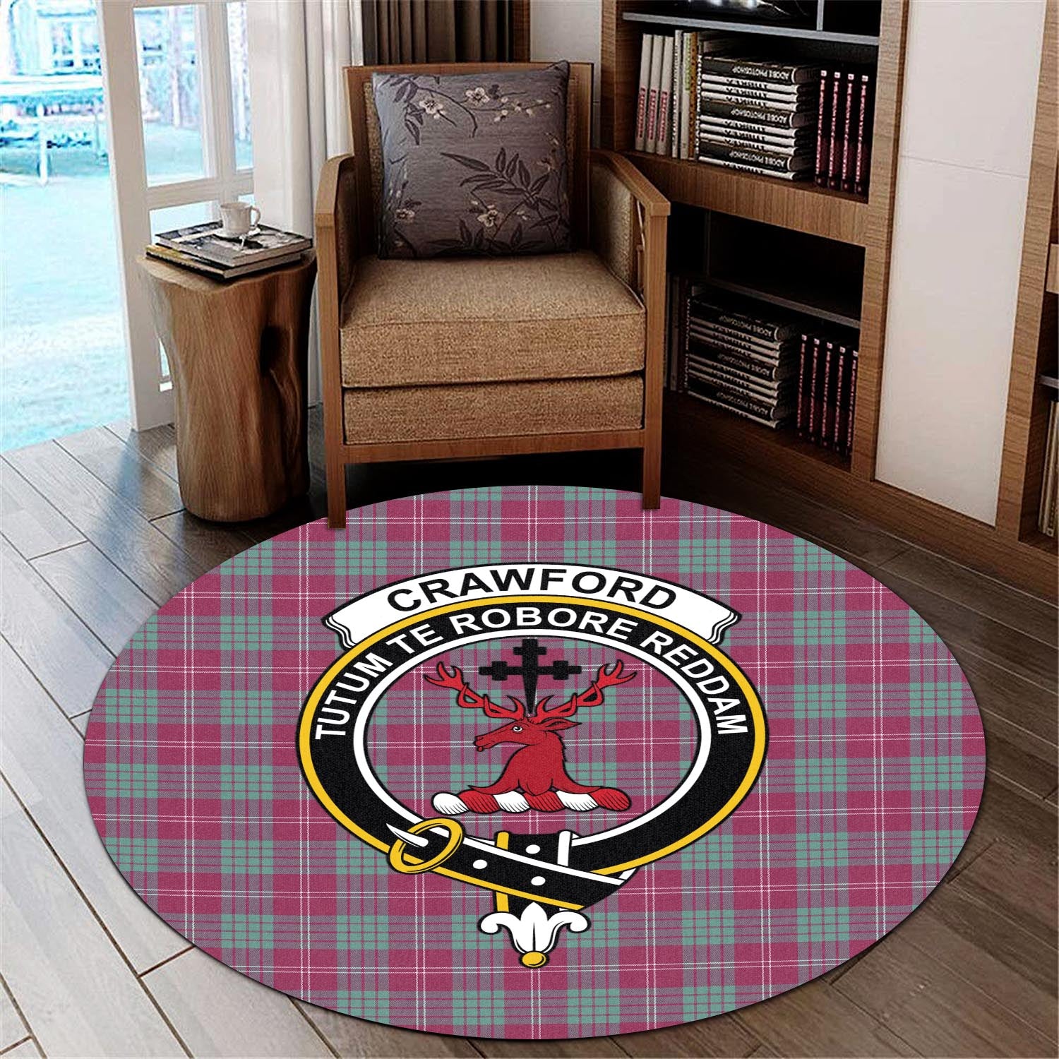 Crawford Ancient Tartan Round Rug with Family Crest - Tartanvibesclothing