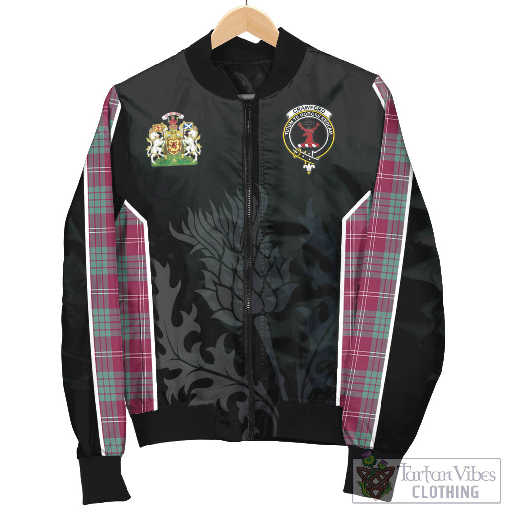 Tartan Vibes Clothing Crawford Ancient Tartan Bomber Jacket with Family Crest and Scottish Thistle Vibes Sport Style