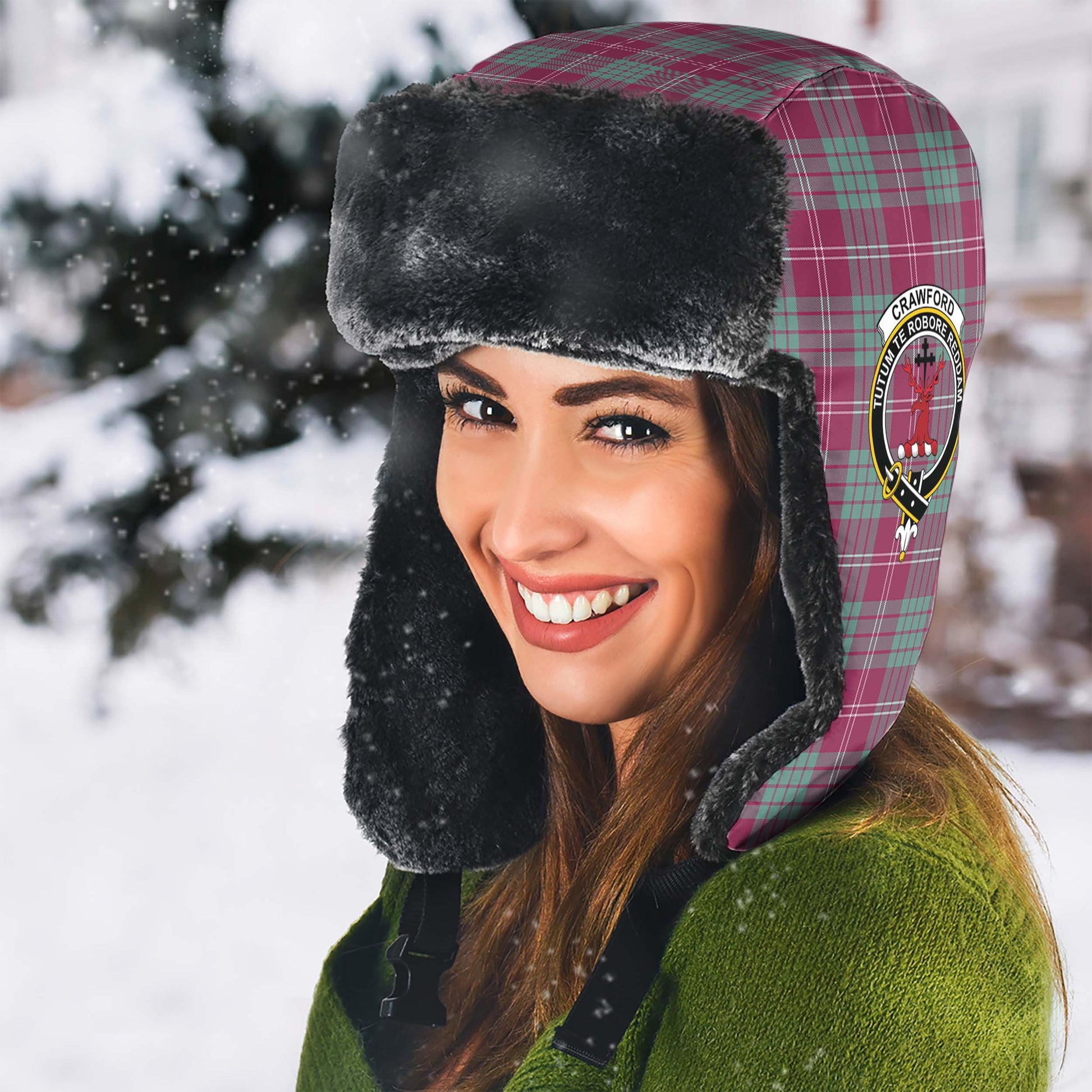 Crawford Ancient Tartan Winter Trapper Hat with Family Crest - Tartanvibesclothing