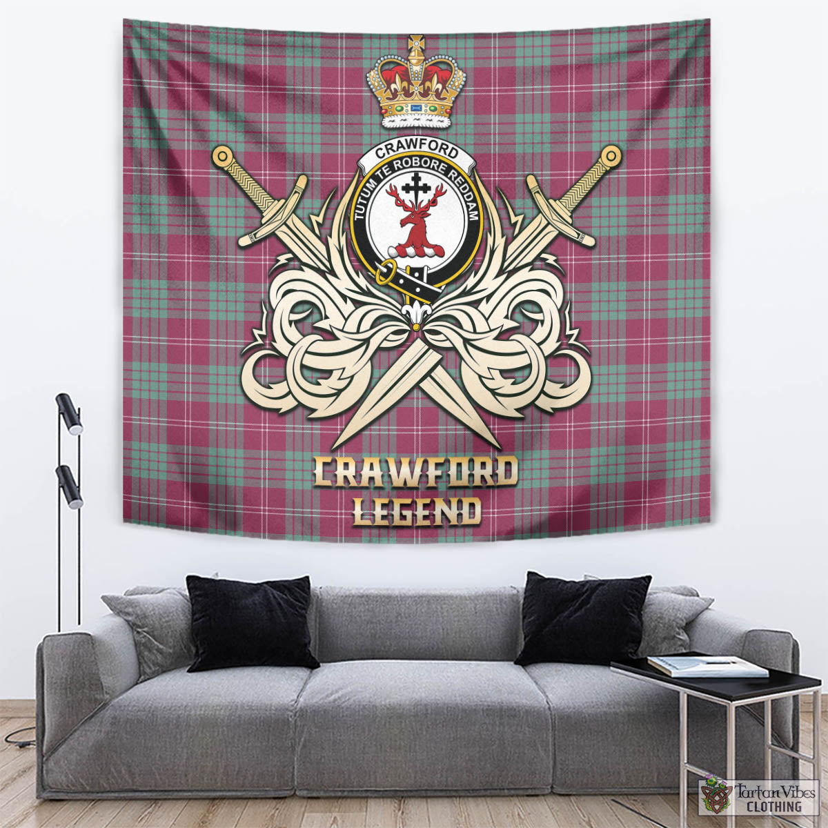 Tartan Vibes Clothing Crawford Ancient Tartan Tapestry with Clan Crest and the Golden Sword of Courageous Legacy