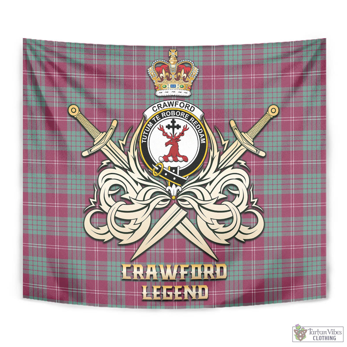 Tartan Vibes Clothing Crawford Ancient Tartan Tapestry with Clan Crest and the Golden Sword of Courageous Legacy