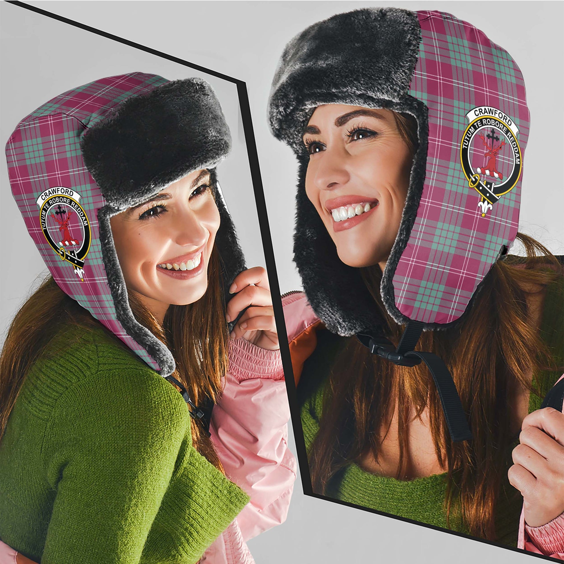 Crawford Ancient Tartan Winter Trapper Hat with Family Crest - Tartanvibesclothing