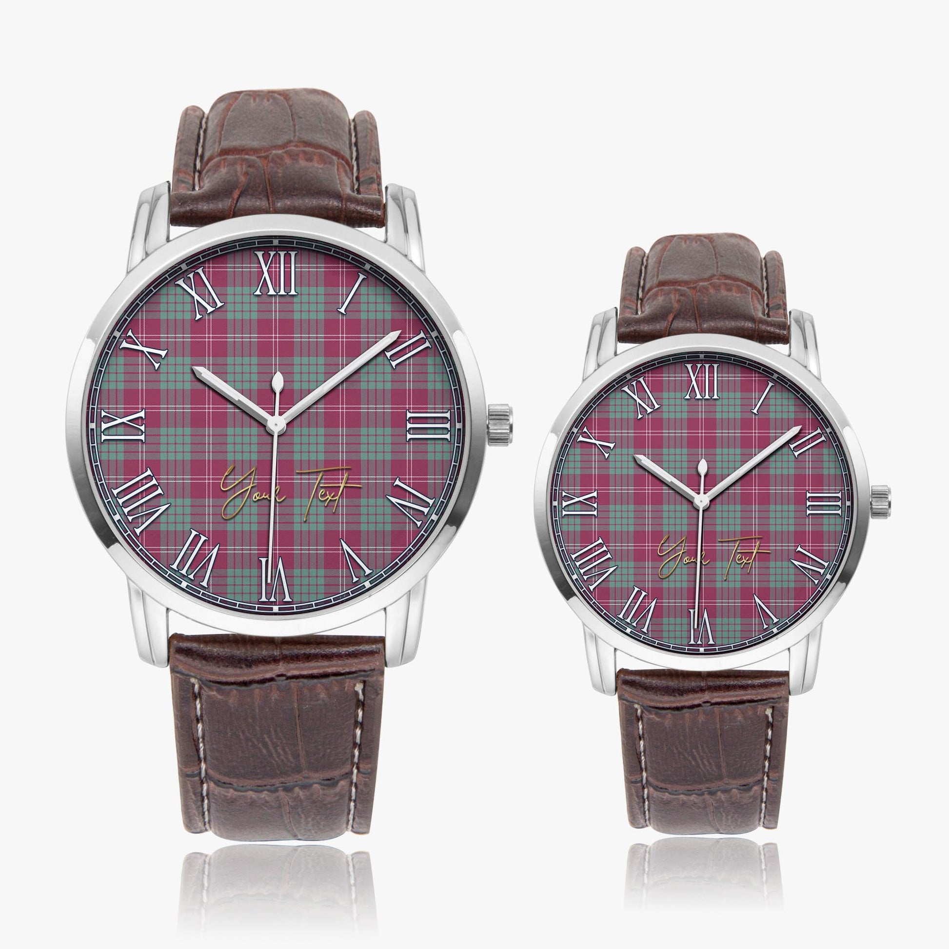 Crawford Ancient Tartan Personalized Your Text Leather Trap Quartz Watch Wide Type Silver Case With Brown Leather Strap - Tartanvibesclothing