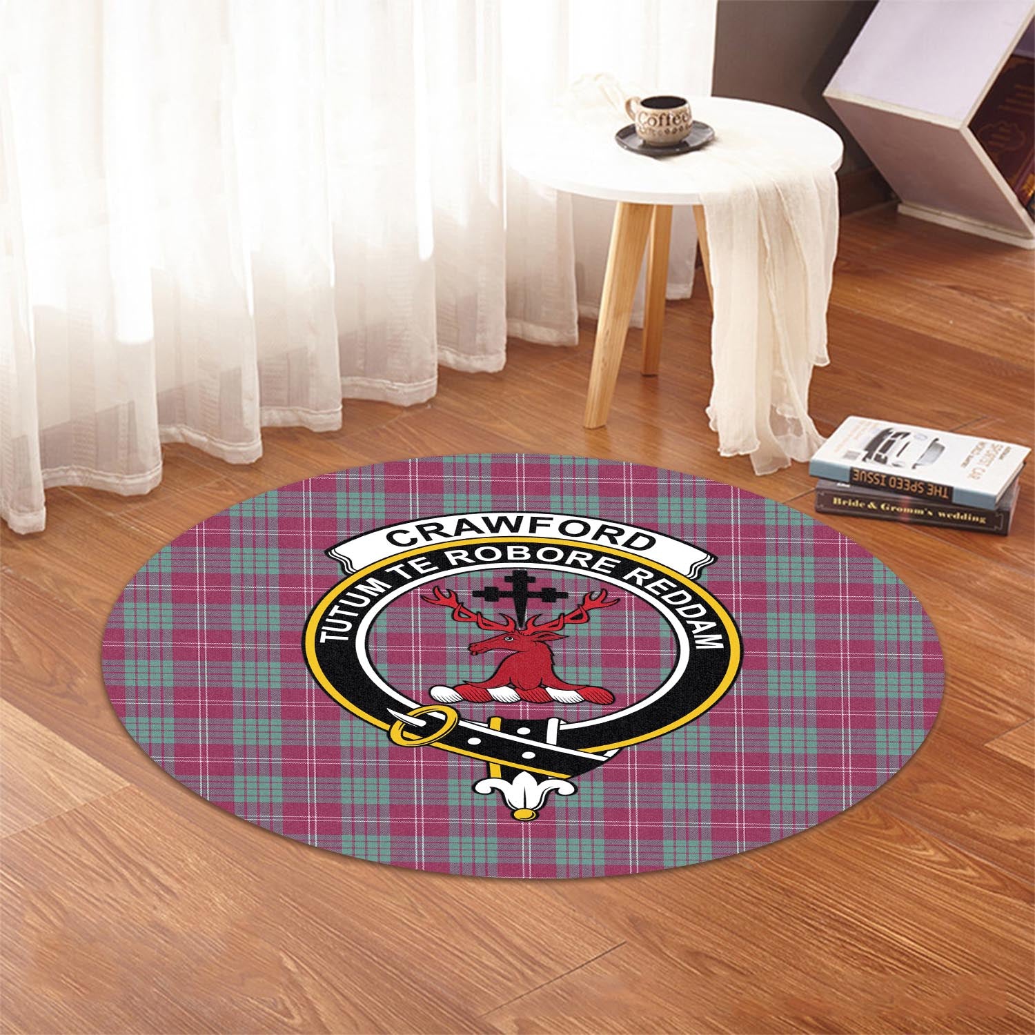 Crawford Ancient Tartan Round Rug with Family Crest - Tartanvibesclothing