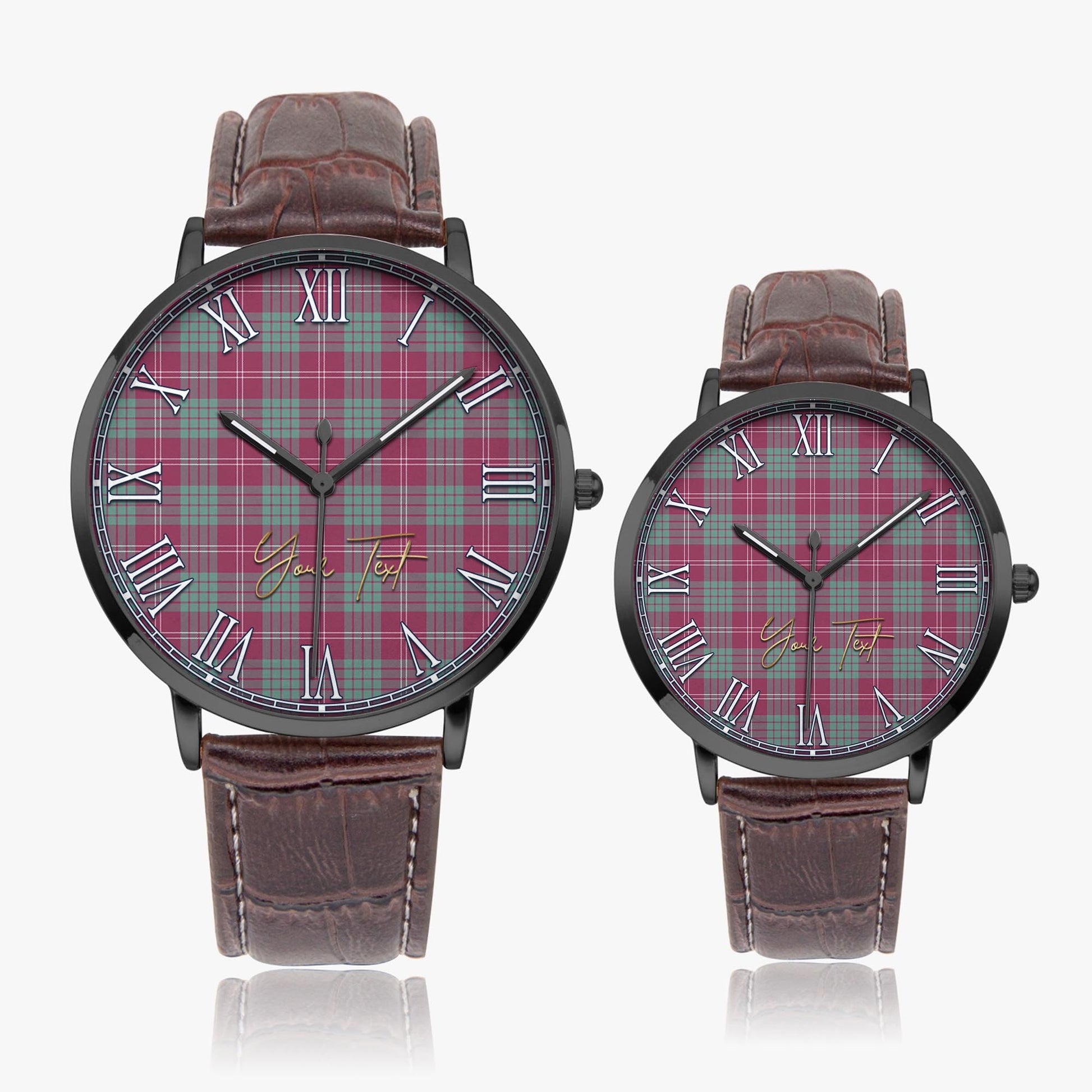 Crawford Ancient Tartan Personalized Your Text Leather Trap Quartz Watch Ultra Thin Black Case With Brown Leather Strap - Tartanvibesclothing