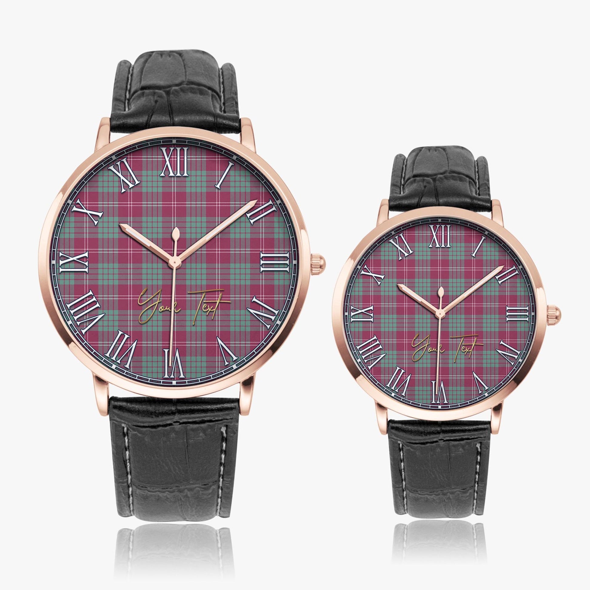 Crawford Ancient Tartan Personalized Your Text Leather Trap Quartz Watch Ultra Thin Rose Gold Case With Black Leather Strap - Tartanvibesclothing