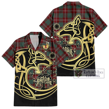 Crawford Modern Tartan Short Sleeve Button Shirt with Family Crest Celtic Wolf Style