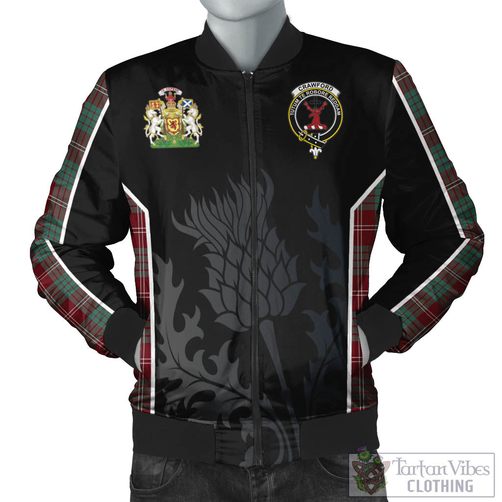 Tartan Vibes Clothing Crawford Modern Tartan Bomber Jacket with Family Crest and Scottish Thistle Vibes Sport Style