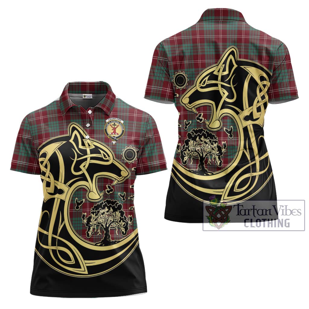 Tartan Vibes Clothing Crawford Modern Tartan Women's Polo Shirt with Family Crest Celtic Wolf Style