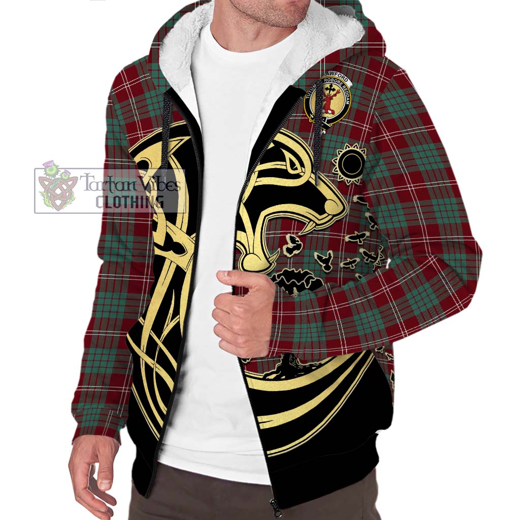 Tartan Vibes Clothing Crawford Modern Tartan Sherpa Hoodie with Family Crest Celtic Wolf Style