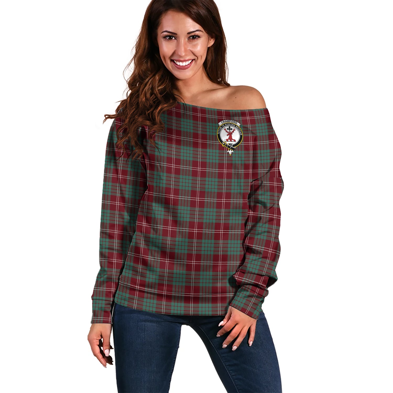 Crawford Modern Tartan Off Shoulder Women Sweater with Family Crest Women - Tartanvibesclothing