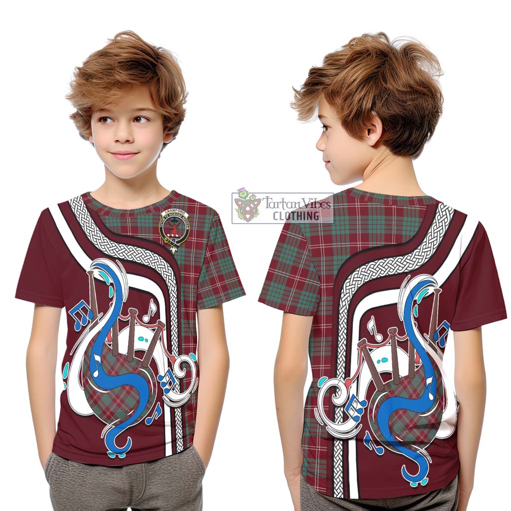 Tartan Vibes Clothing Crawford Modern Tartan Kid T-Shirt with Epic Bagpipe Style