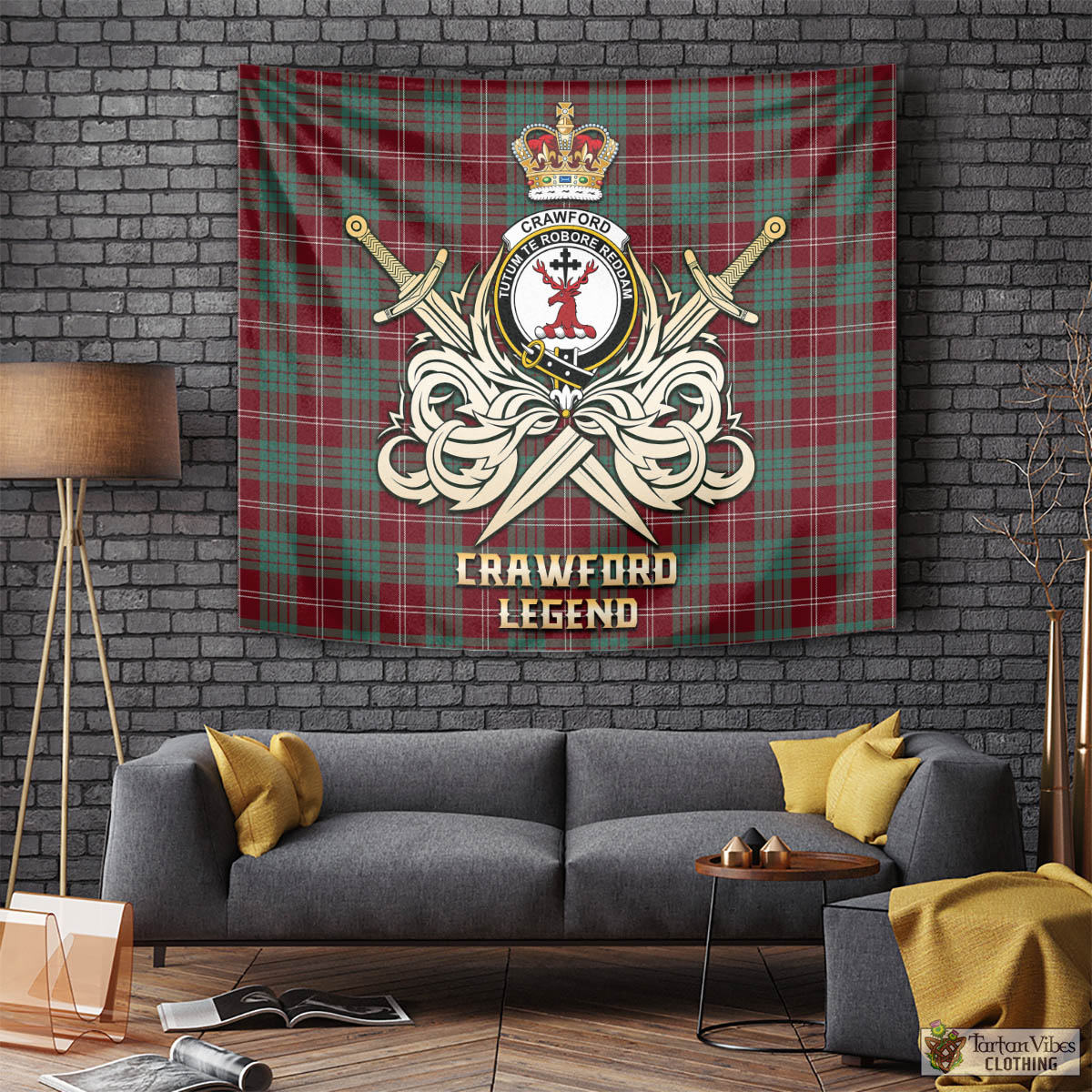 Tartan Vibes Clothing Crawford Modern Tartan Tapestry with Clan Crest and the Golden Sword of Courageous Legacy