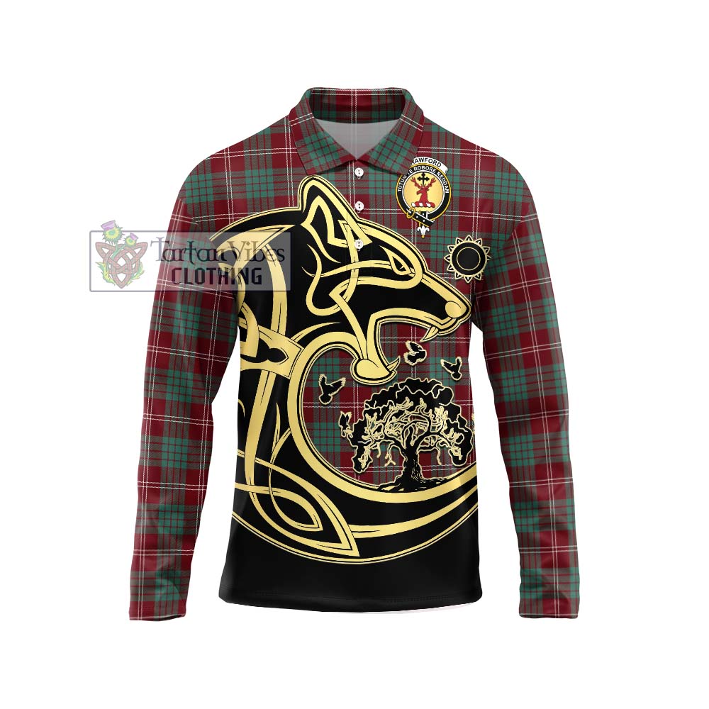 Tartan Vibes Clothing Crawford Modern Tartan Long Sleeve Polo Shirt with Family Crest Celtic Wolf Style