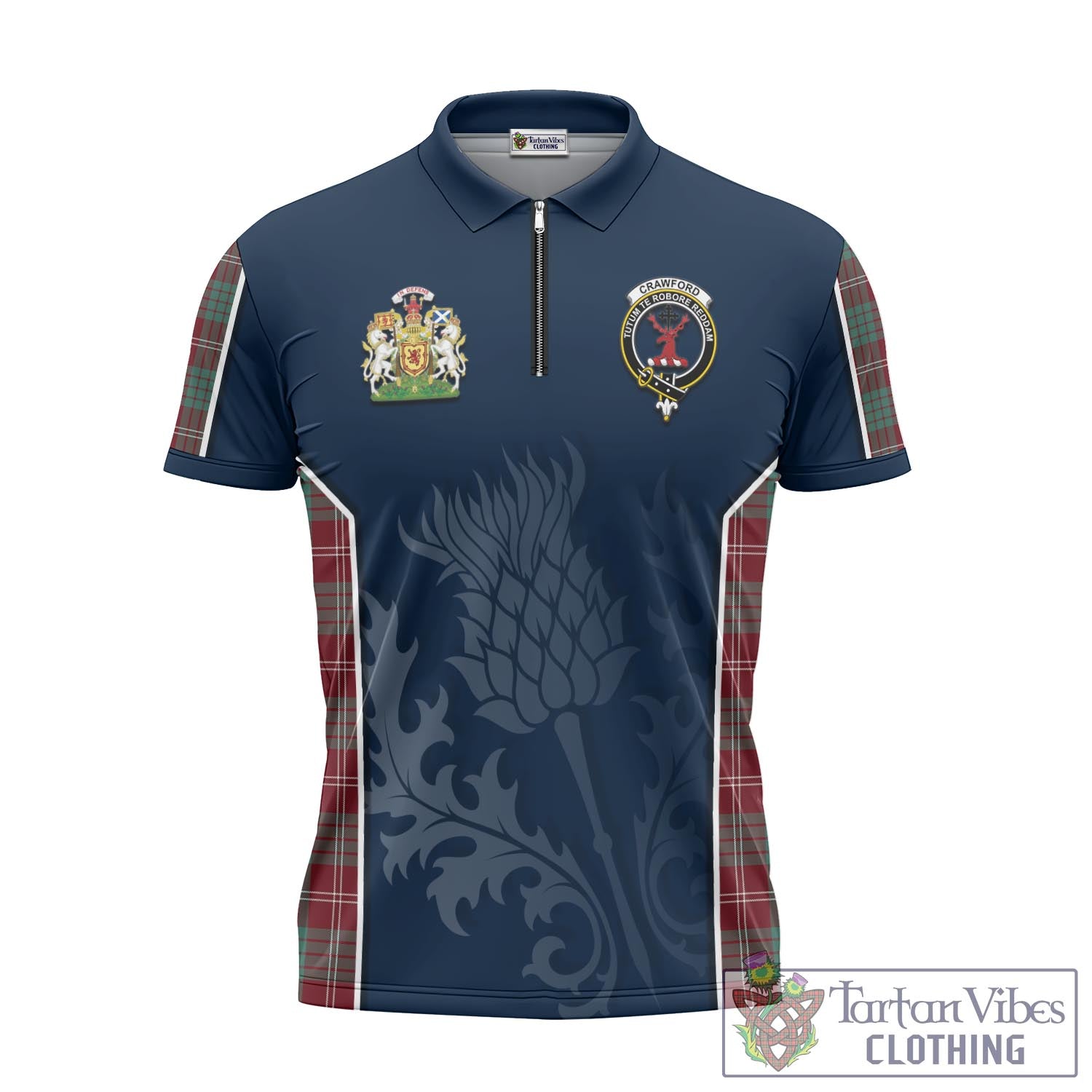 Tartan Vibes Clothing Crawford Modern Tartan Zipper Polo Shirt with Family Crest and Scottish Thistle Vibes Sport Style