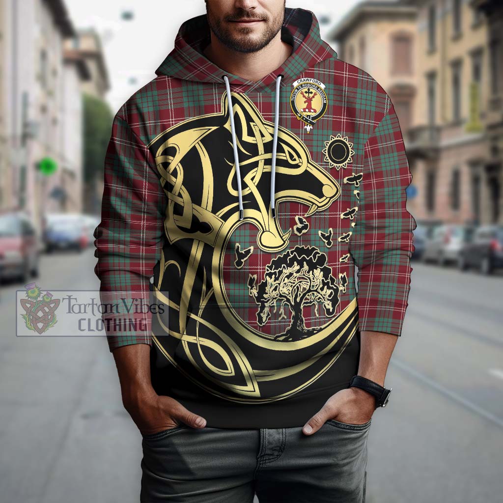 Tartan Vibes Clothing Crawford Modern Tartan Hoodie with Family Crest Celtic Wolf Style