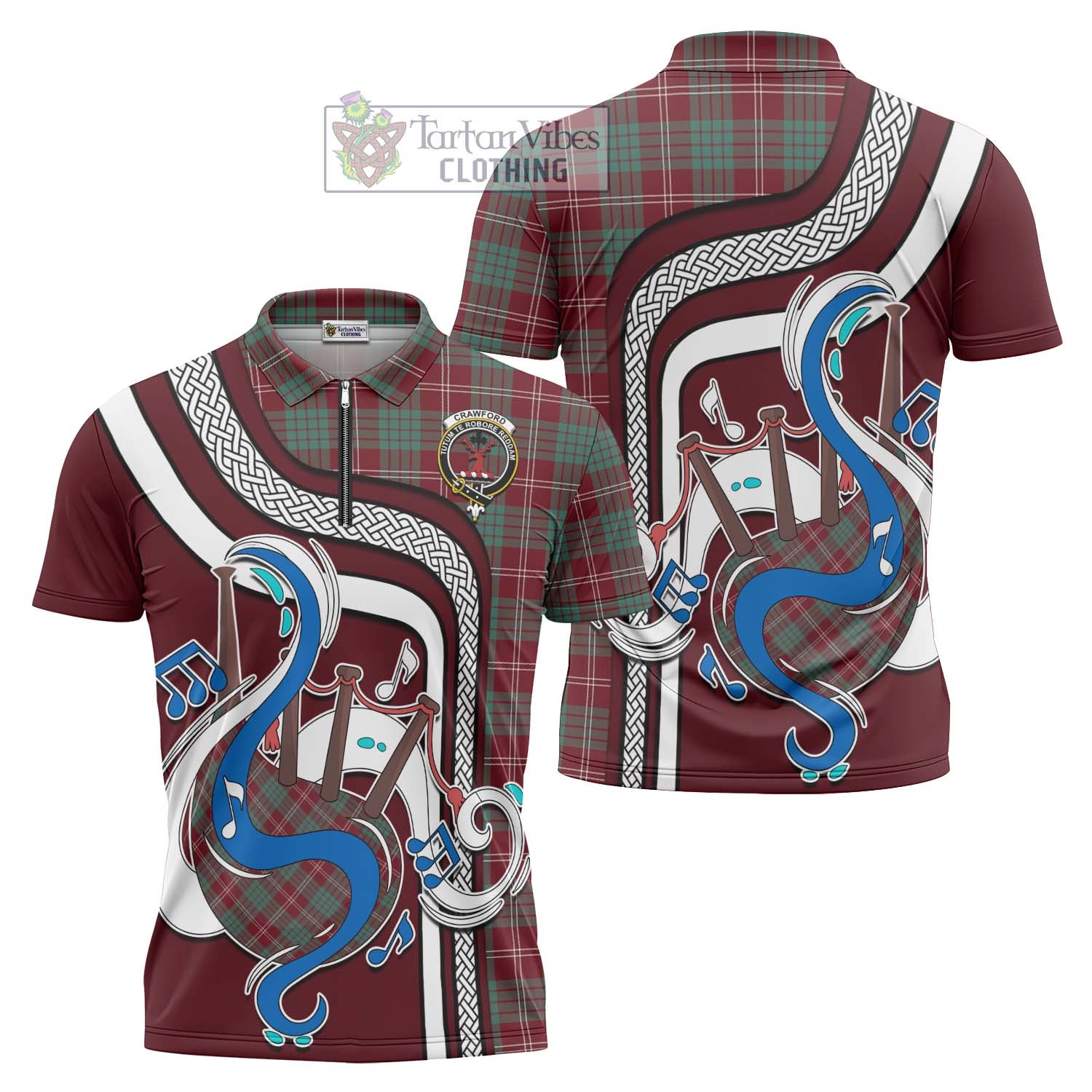 Tartan Vibes Clothing Crawford Modern Tartan Zipper Polo Shirt with Epic Bagpipe Style