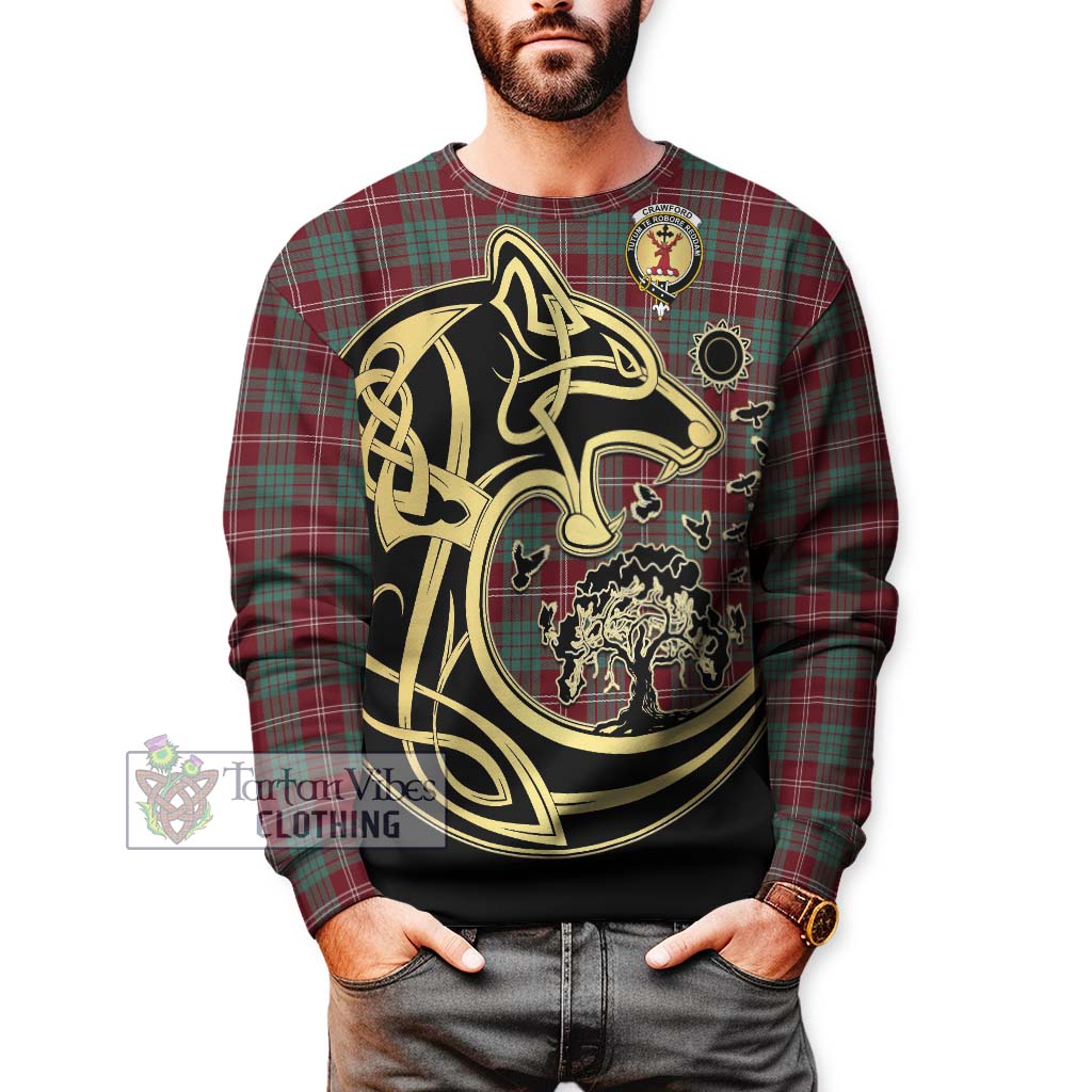 Tartan Vibes Clothing Crawford Modern Tartan Sweatshirt with Family Crest Celtic Wolf Style