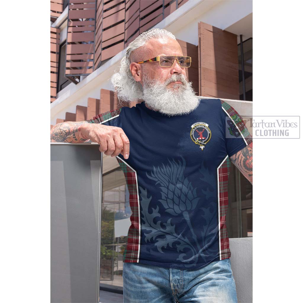 Tartan Vibes Clothing Crawford Modern Tartan Cotton T-shirt with Family Crest and Scottish Thistle Vibes Sport Style