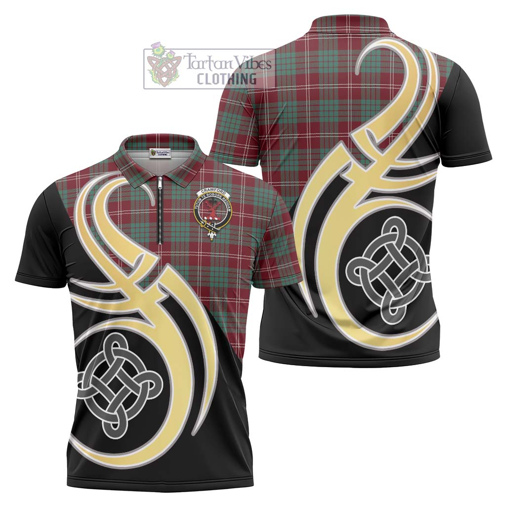 Tartan Vibes Clothing Crawford Modern Tartan Zipper Polo Shirt with Family Crest and Celtic Symbol Style