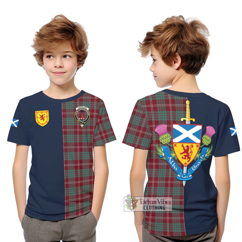 Tartan Vibes Clothing Crawford Modern Tartan Kid T-Shirt with Scottish Lion Royal Arm Half Style