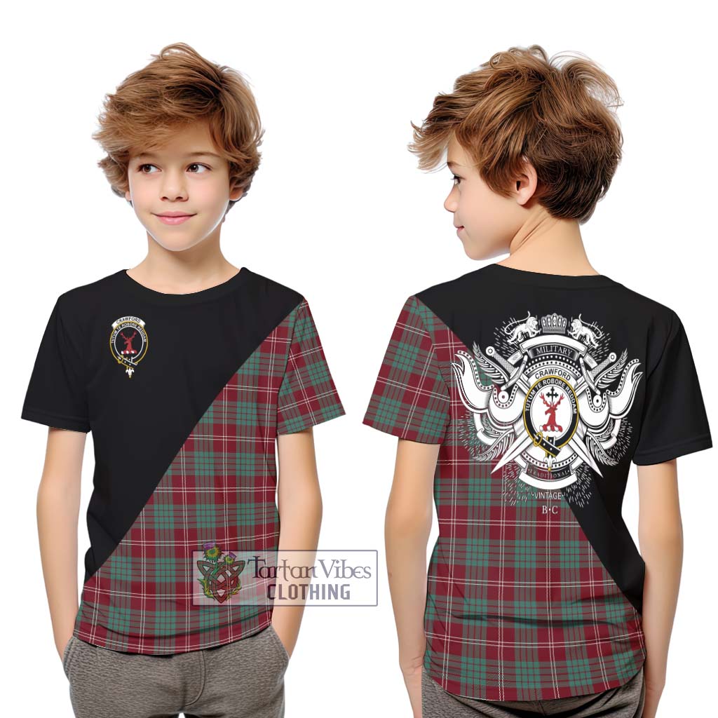 Tartan Vibes Clothing Crawford Modern Tartan Kid T-Shirt with Family Crest and Military Logo Style