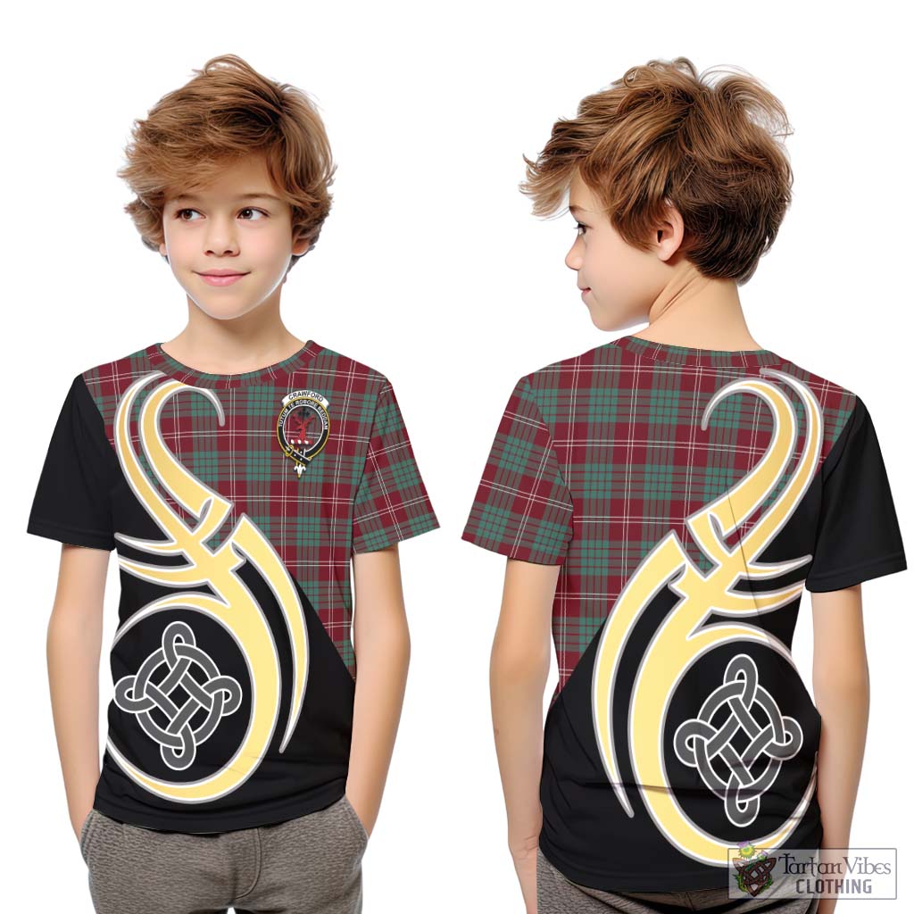 Tartan Vibes Clothing Crawford Modern Tartan Kid T-Shirt with Family Crest and Celtic Symbol Style