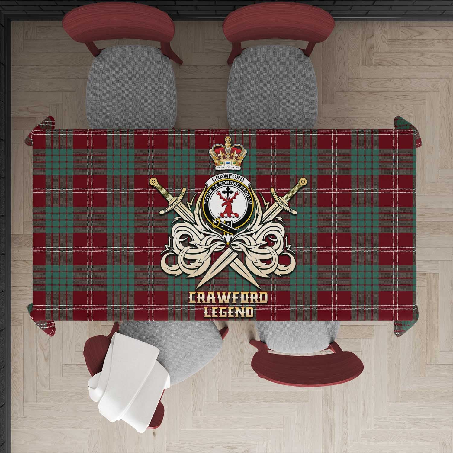 Tartan Vibes Clothing Crawford Modern Tartan Tablecloth with Clan Crest and the Golden Sword of Courageous Legacy